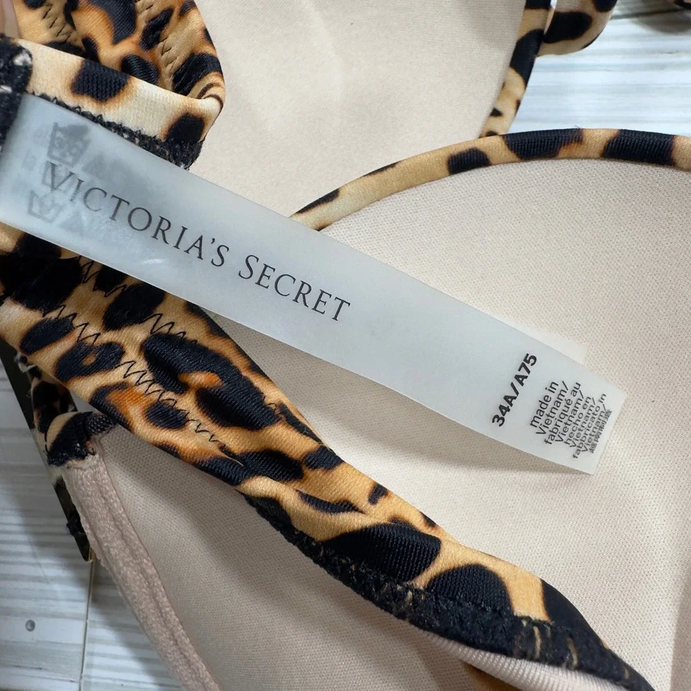 NEW VS Bombshell‎ Leopard Print Push Up Halter Bikini Top Gold Hardware 34A
